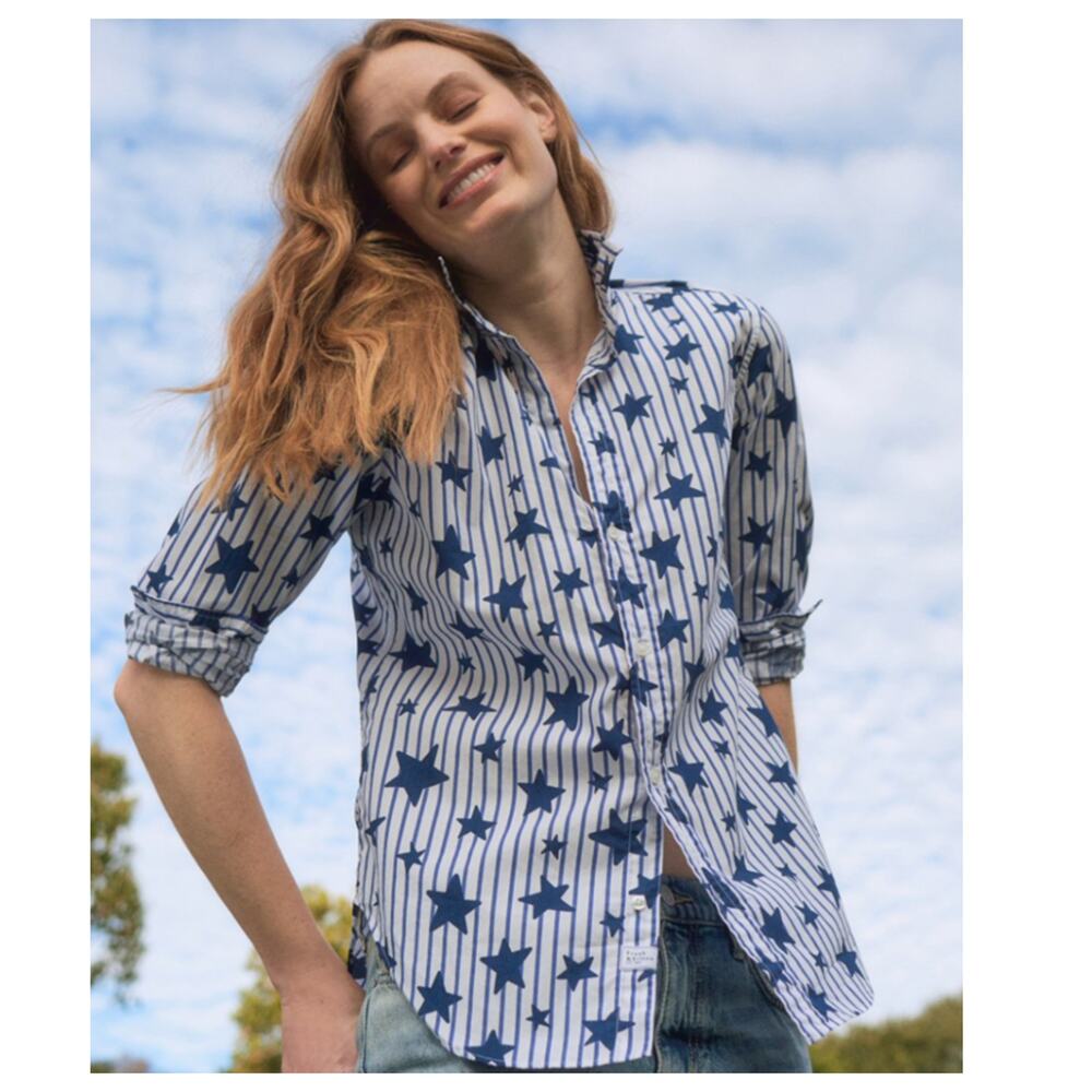 NEW Frank & Eileen Classic Stripe Stars Print Button Down Blouse Size Medium